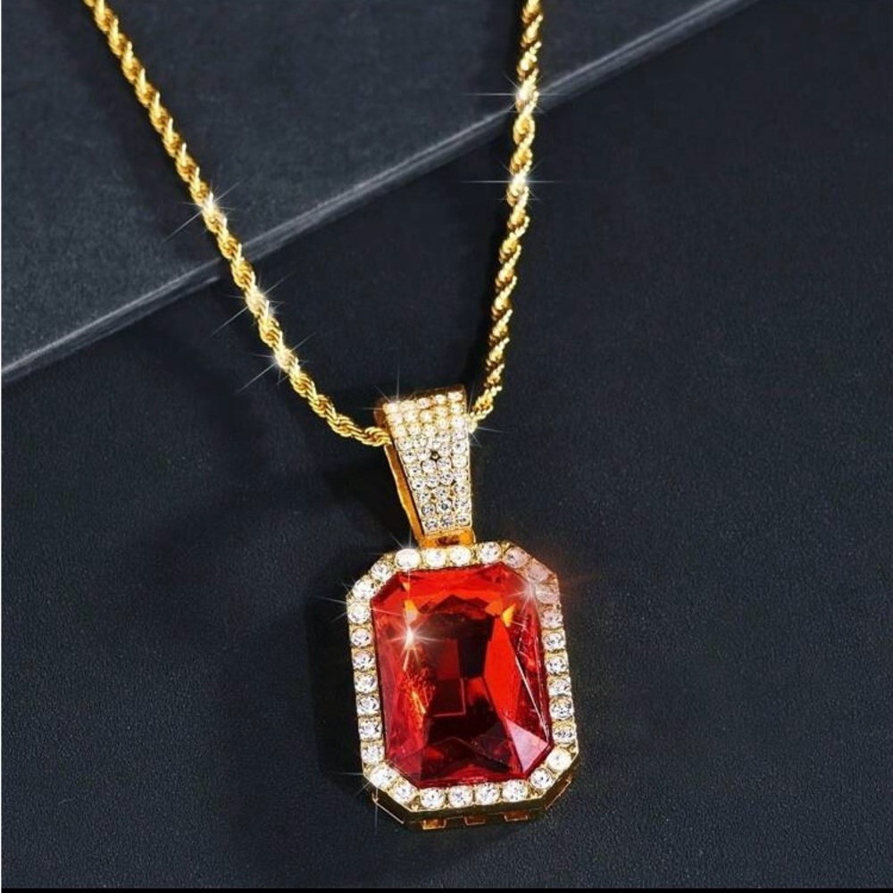 1pc  Red Rhinestone Pendant Necklace for men’s with Zirconia Chain Iced Out